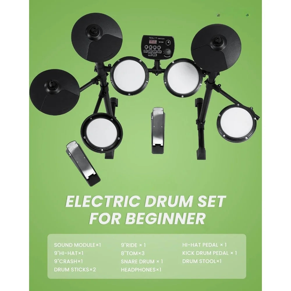 Electric Drum Set, Electronic Drum Set for Beginner, Portable Drum Set with Bluetooth and MIDI function, Headphones, Sticks