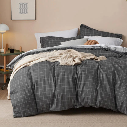 Bedsure Plaid Duvet Cover Twin Size - Grid Duvet Cover Set for Kids with Zipper Closure, Dark Grey Bedding Set