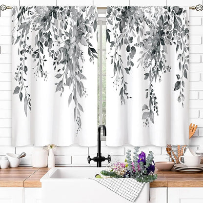 Kitchen curtains, gray, floral color, above sink, small window treatment, bathroom treatment short curtains, 27.5 x 39 inch