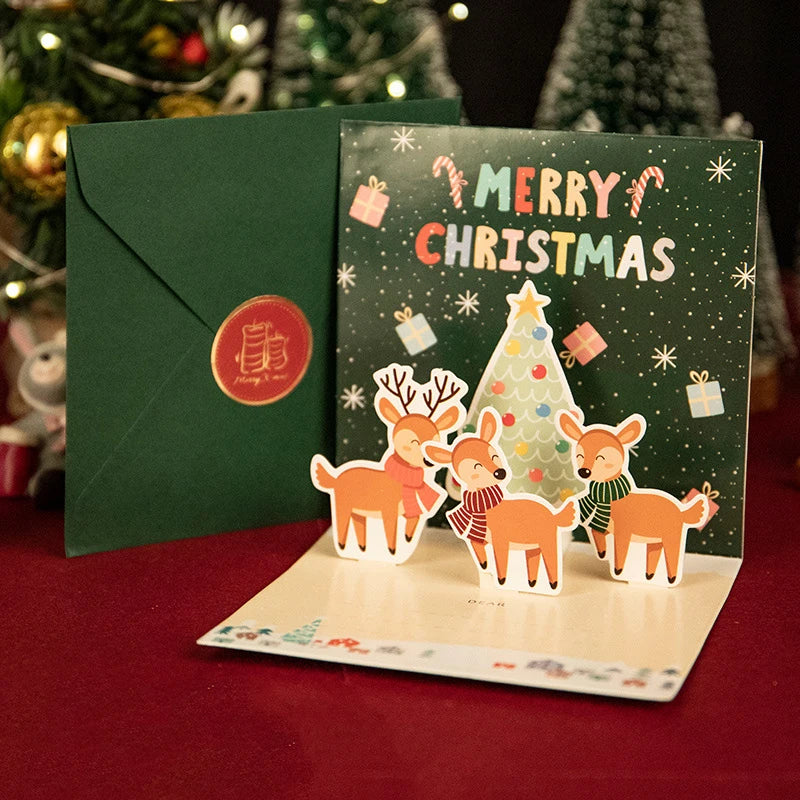 3D Pop UP Christmas Greeting Cards with Envelope Friend Family Blessing Postcard Birthday New Year Christmas Gifts Decoration