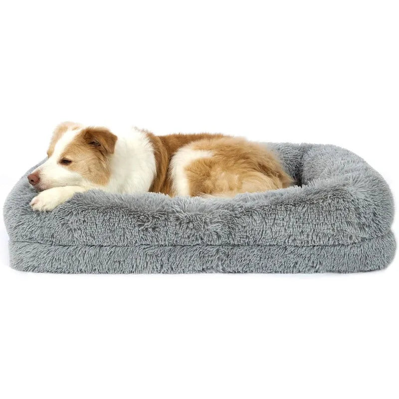 2 in 1 Calming Dog Beds for Large Dogs, Dual Layer Orthopedic Egg Crate Foam & Memory Foam Faux Fur Shag Pet Mattress