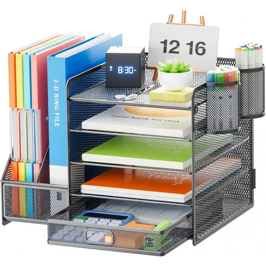 Organizer with File Holder, 5-Tier Paper Letter Tray Organizer with Drawer and 2 Pen Holder, Mesh Desktop Organizer and Storage