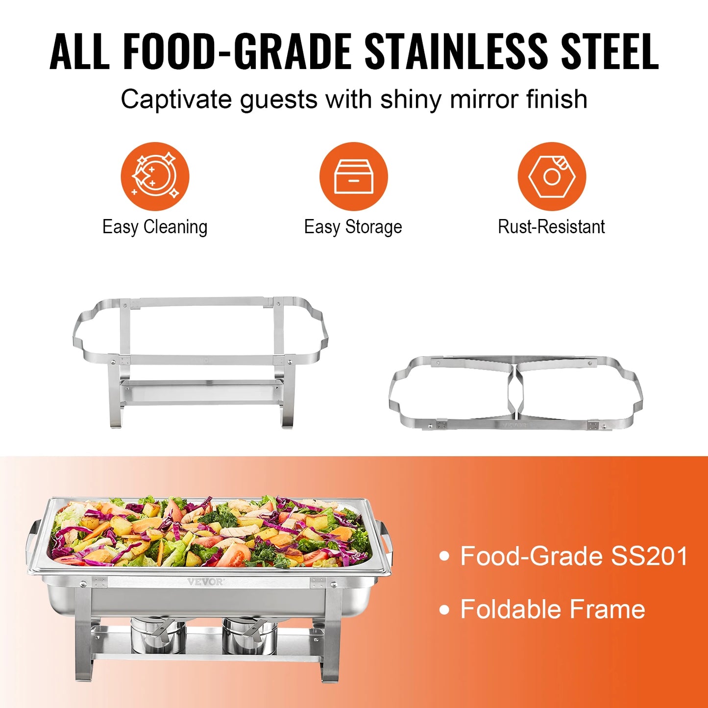 VEVOR 8QT Rectangle Chafing Dish 4/6 Packs Stainless Steel  Chafer with Full Size Pans Catering Buffet Set Food Warmer Server