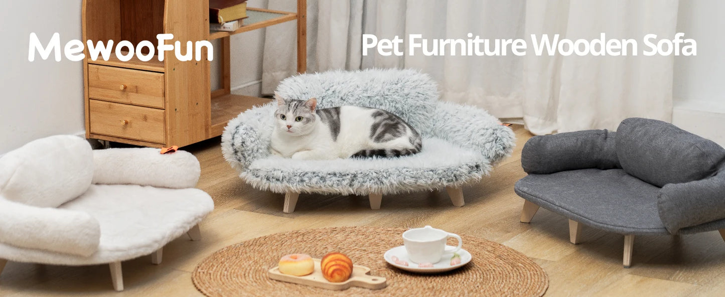 Mewoofun Cat Bed with Removable Washable Cover Elevated Cat Couch for Cats & Small Medium Dogs Wooden Pet Sofa Pet Furniture