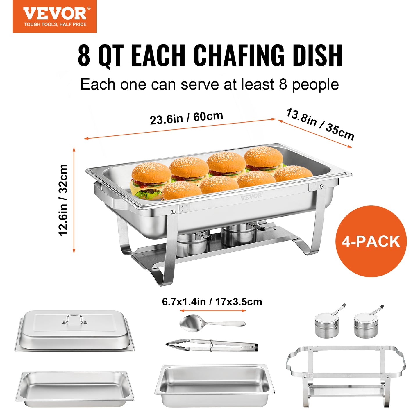 VEVOR 8QT Rectangle Chafing Dish 4/6 Packs Stainless Steel  Chafer with Full Size Pans Catering Buffet Set Food Warmer Server