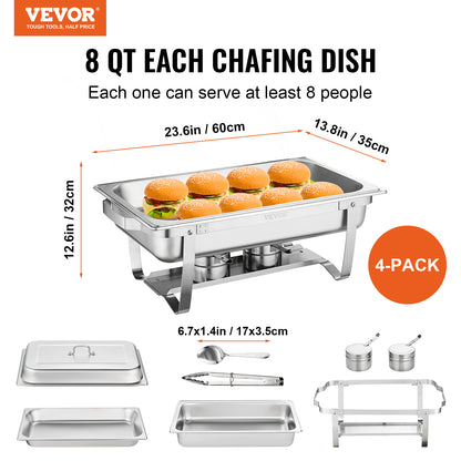 VEVOR 8QT Rectangle Chafing Dish 4/6 Packs Stainless Steel  Chafer with Full Size Pans Catering Buffet Set Food Warmer Server